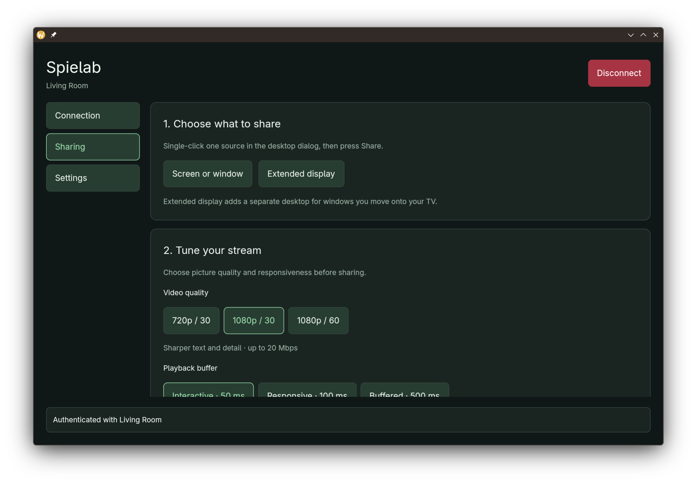 Spielab sharing options in dark mode